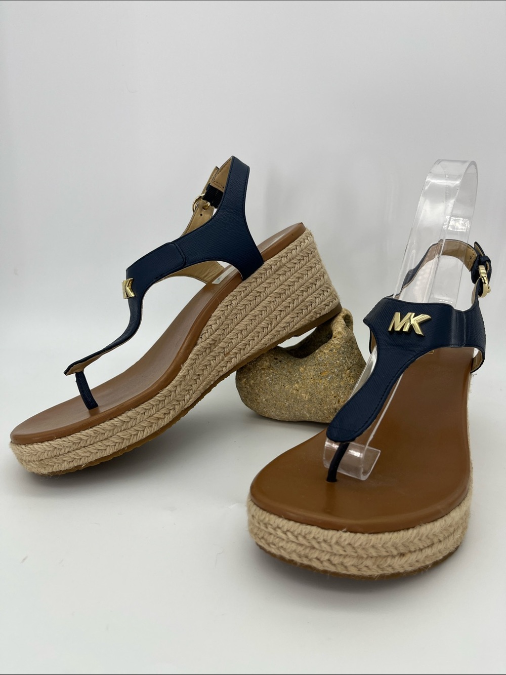 Michael Kors Navy Gold MK Espadrille Wedge Sandals